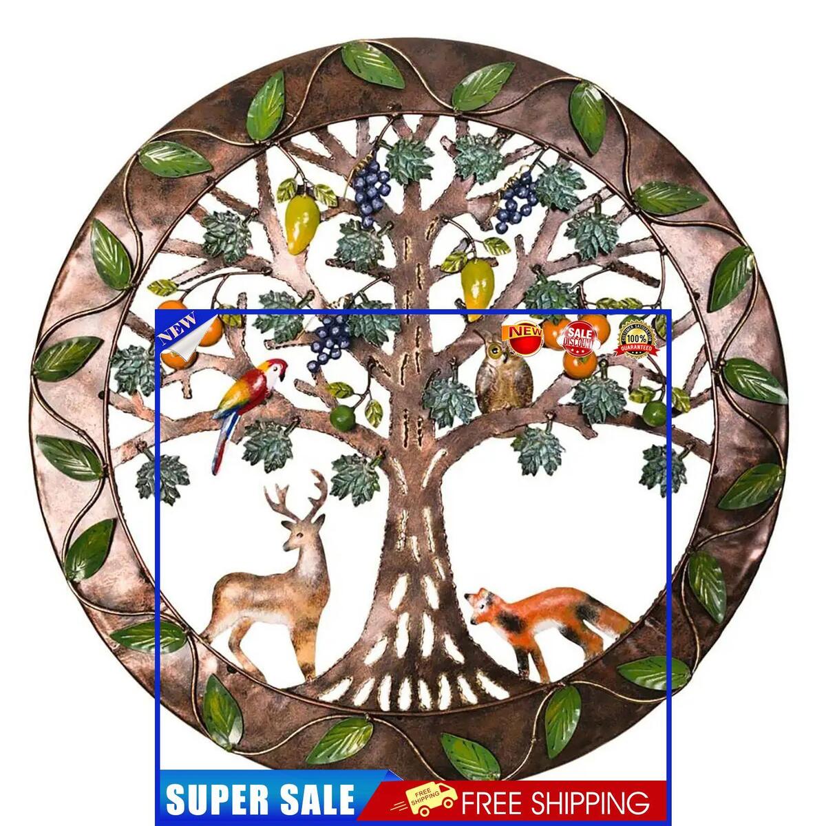 Iron Wall Sculptures-Metal Round Wall Decor with Tree Deer Fox Home Decor