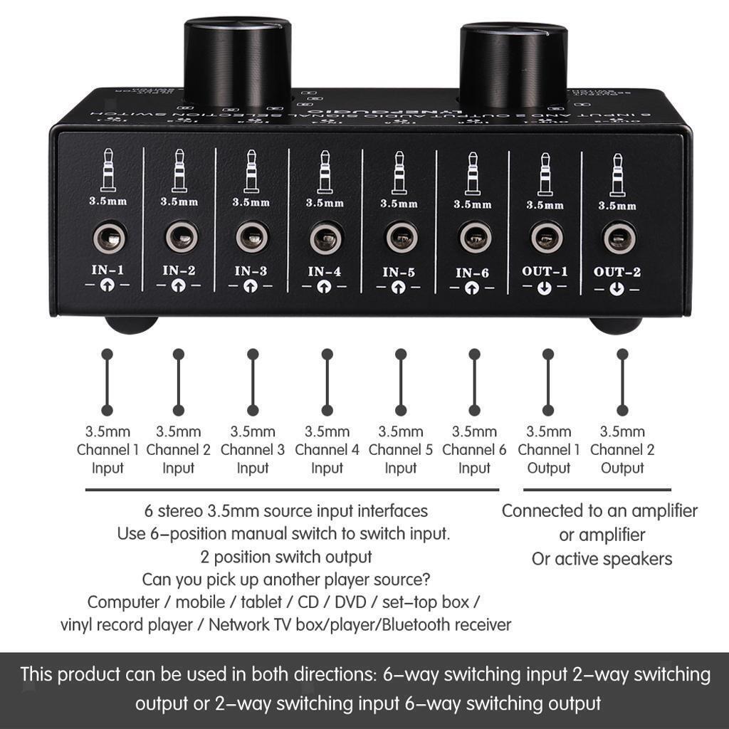 3.5mm 6 Input 2 Output Port AV  Video Switcher Switch Selector Box