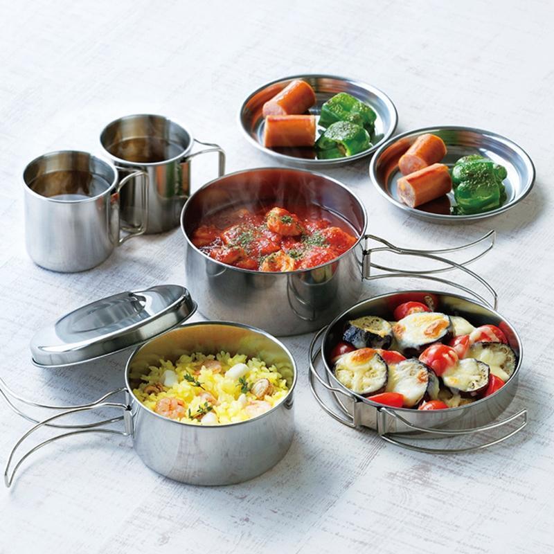 8 Pcs Stainless Steel Cookware Mess Kit Portable Compact Camping Pot Pans Cups