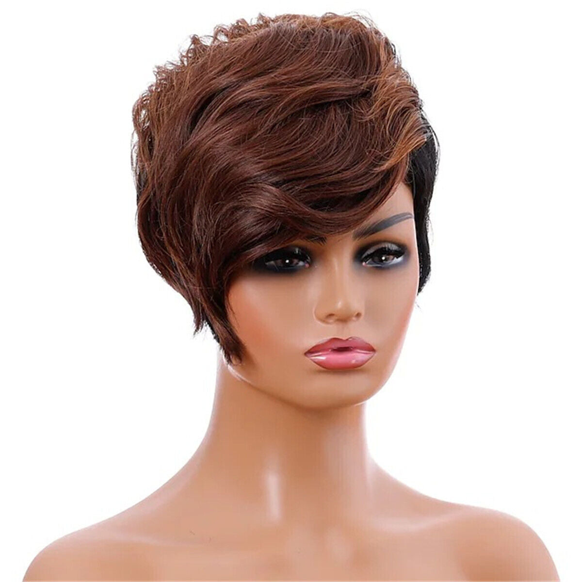 Short Black Wig with Mixed Brown Bangs Pixie Cut Wig Synthetic Hair for Women