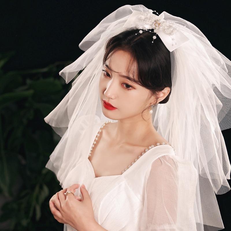 Wedding Bridal Veil Multi Layers Short Length Sheer Veils Beads Ribbon Bow Decor