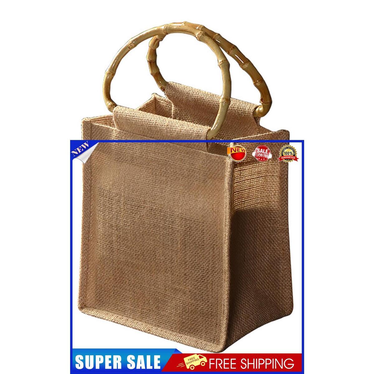 Jute Tote Bags for Women Bamboo Handle Handbag Shopping Bag Reusable
