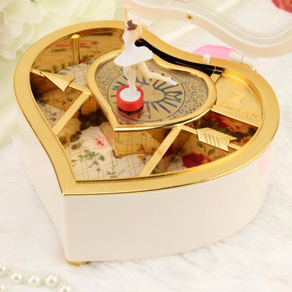 Romantic Love Heart Ballerina Music Box Jewelry Storage Case (White)