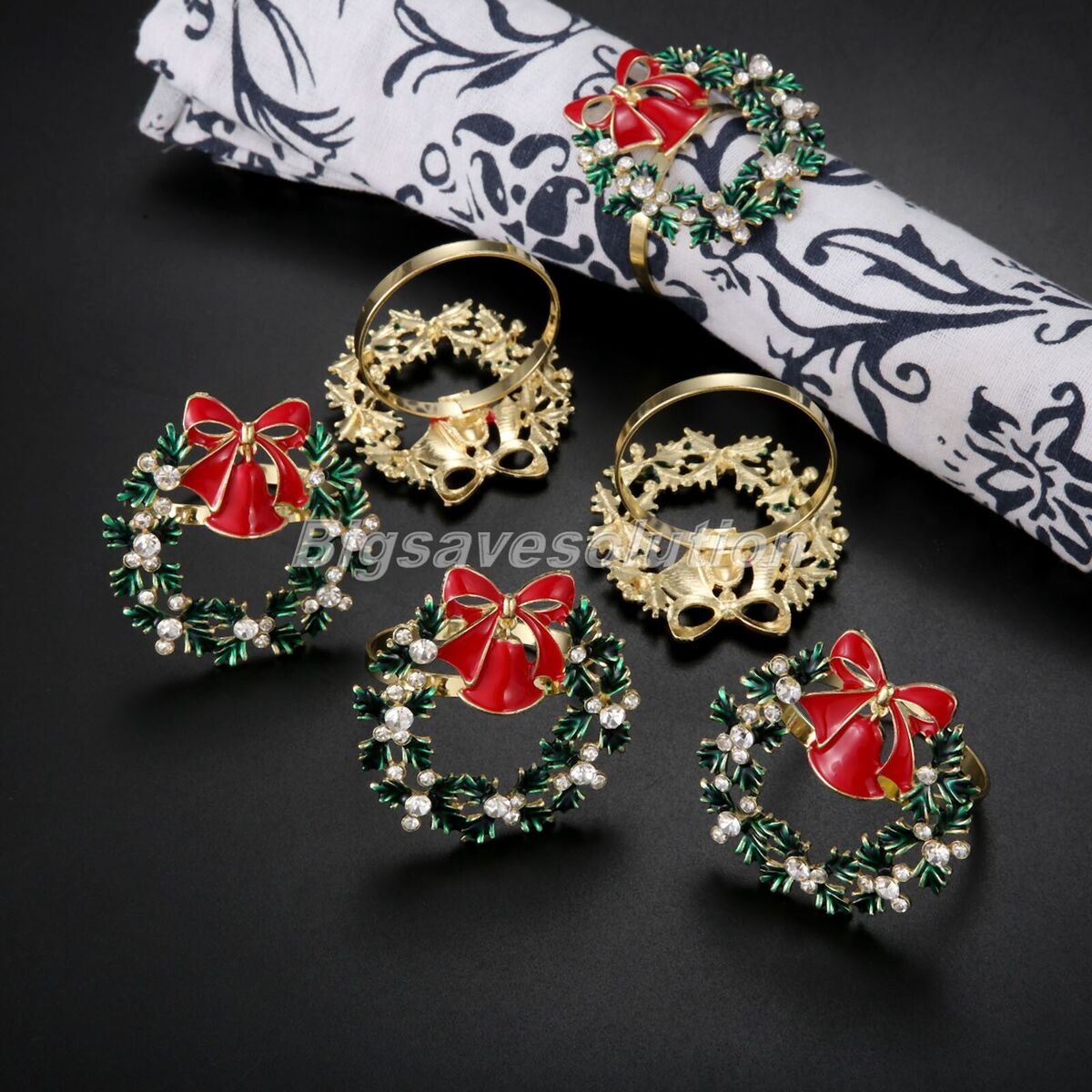 6pcs Christmas Tree Napkin Rings Bow Flower Wreath Buckle Xmas Thanksgiving Use
