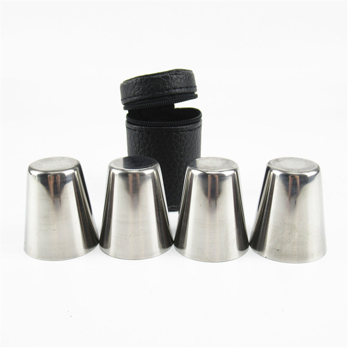 4x Camping / Travel Stainless Steel Shot Glass Set with PU Leather Case Cover