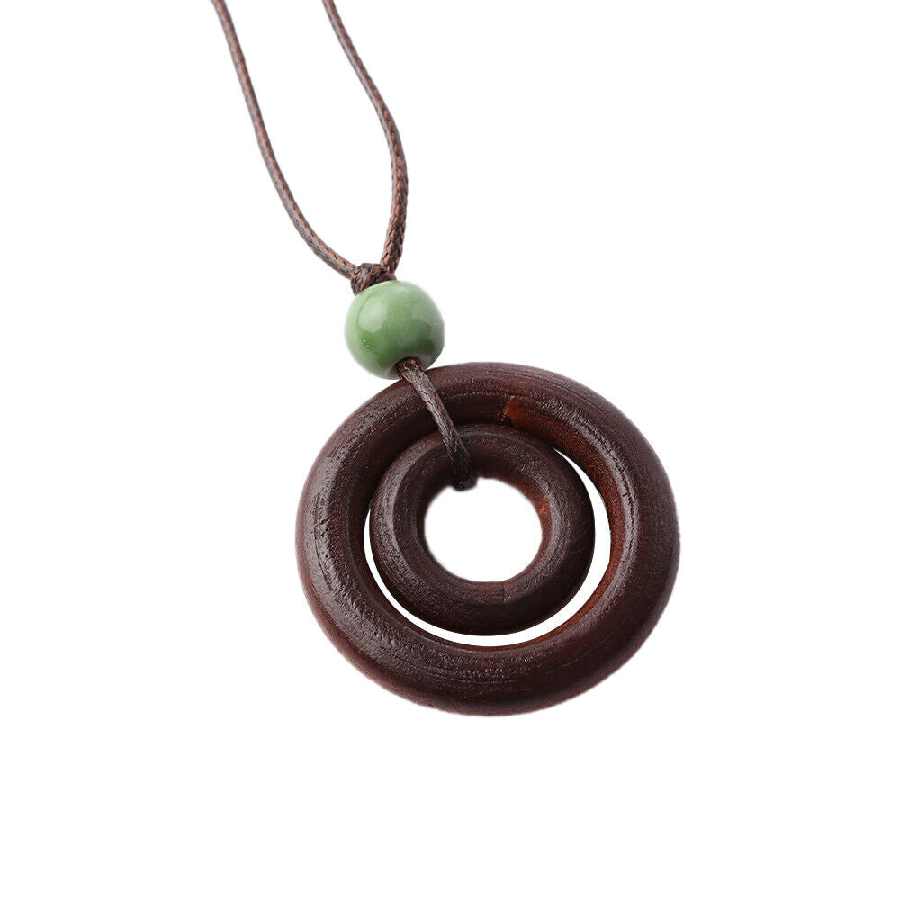 Jewelry Brown Bead Women Double-circle Pendant Long Wood Necklace Rope Chain