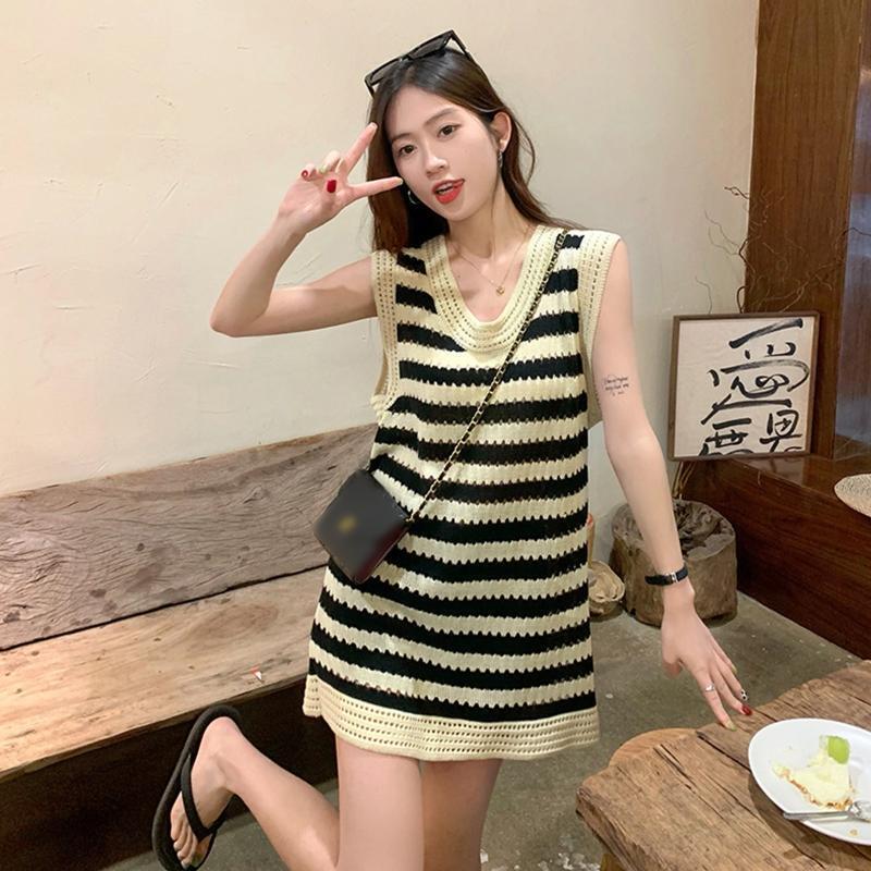 Women Hollow Out Knit Sleeveless Striped Beach Holiday Loose Mini Sweater Dress