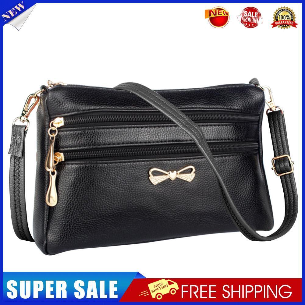 Solid Leather Crossbody Bag Women Litchi Pattern Multi-layer Purse (Black)