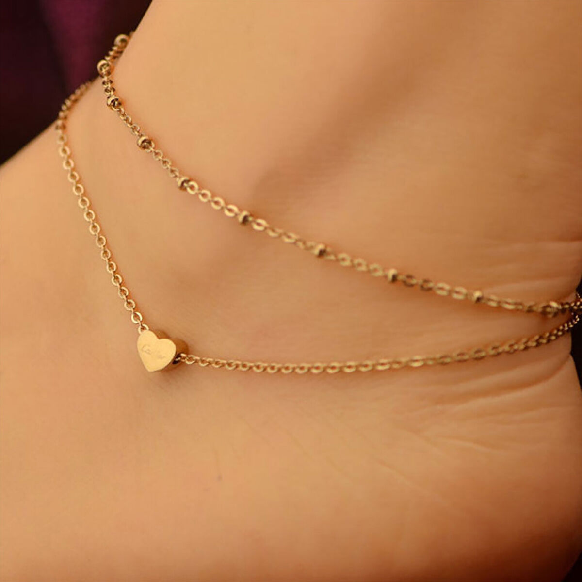 Layered Anklet - Double Foot Ankle Chain Bracelet for Women Girls Heart