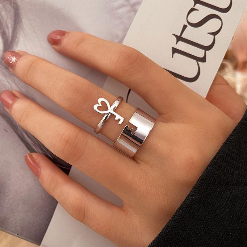 Couple Open Rings Set Love Key Joint Stackable Finger Band for Him Her Wedding