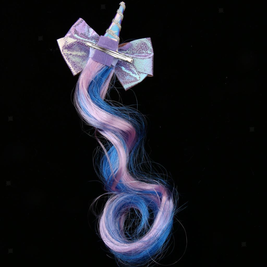 2Pcs Girls Cute Rainbow Unicorn Horn Hair Bow Hair Clip Clip on Extensions Wig