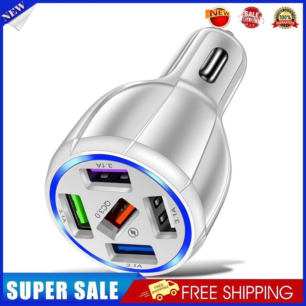 5USB QC3.0 Car Charger 3.1A Multi Ports Phone Fast Quick Charging (White)
