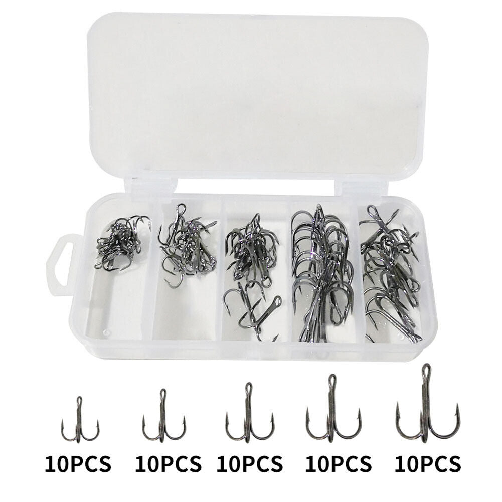 50pcs High Carbon Steel Barbed 3-Claw Fishing Hook Set Lure Triple Fishhook