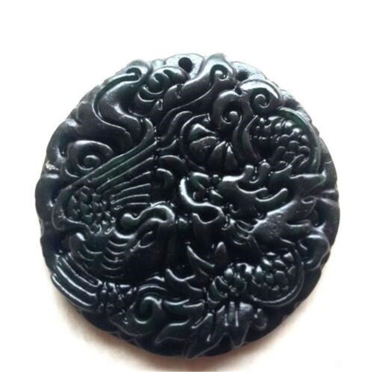 Chinese Natural Black Green Jade Pendant Dragon&Phoenix Good Lucky Amulet Gift