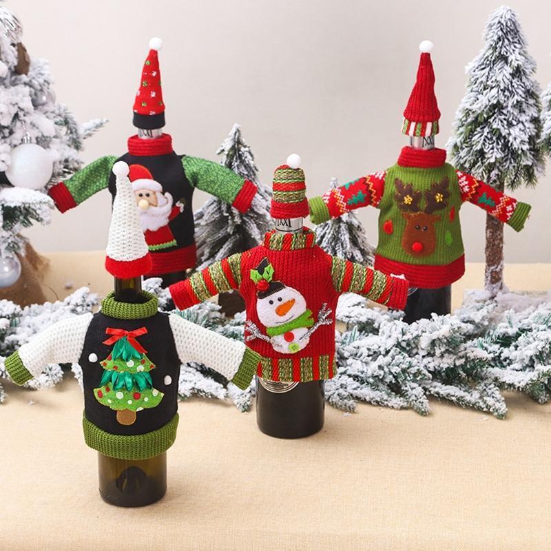 4 Sets Christmas Decorations Knitted Sweater Wine Bottle Cover Bag Hat New Year