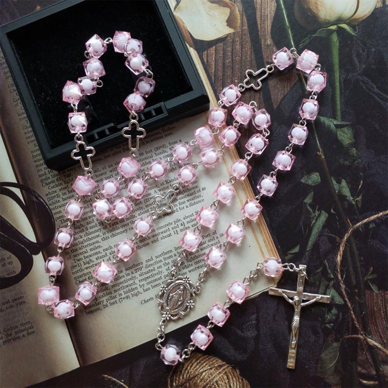Pink Square Necklace Alloy Long Bead Chain Pendant Yoga Studio Decoration Gift