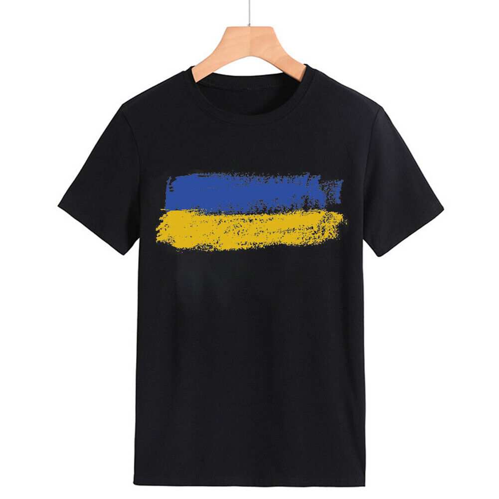 Ukrainian Flag Print Round Neck T-shirt Tee (Black XXL)