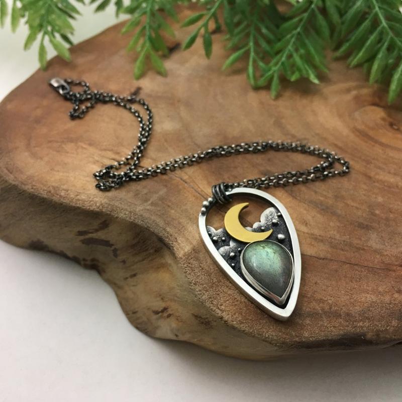 Boho Moon Stone Pendant Necklace Teardrop Clavicle Chain Hollow-out Neck Jewelry