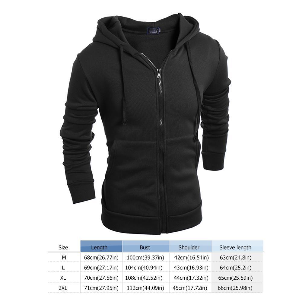 Men Hoodies Solid Zipper Hooded Coat Autumn Casual Outerwear (Black)(XL)