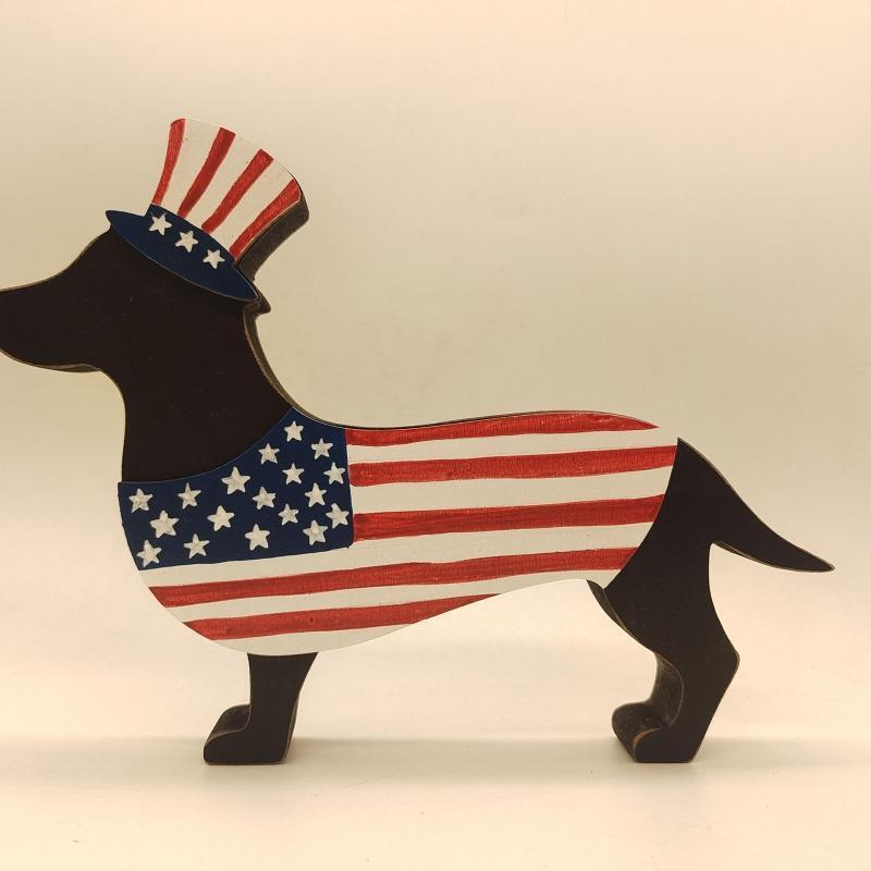 Independence Day Wooden Carved Dog Ornament 4th of July Wood Crafts