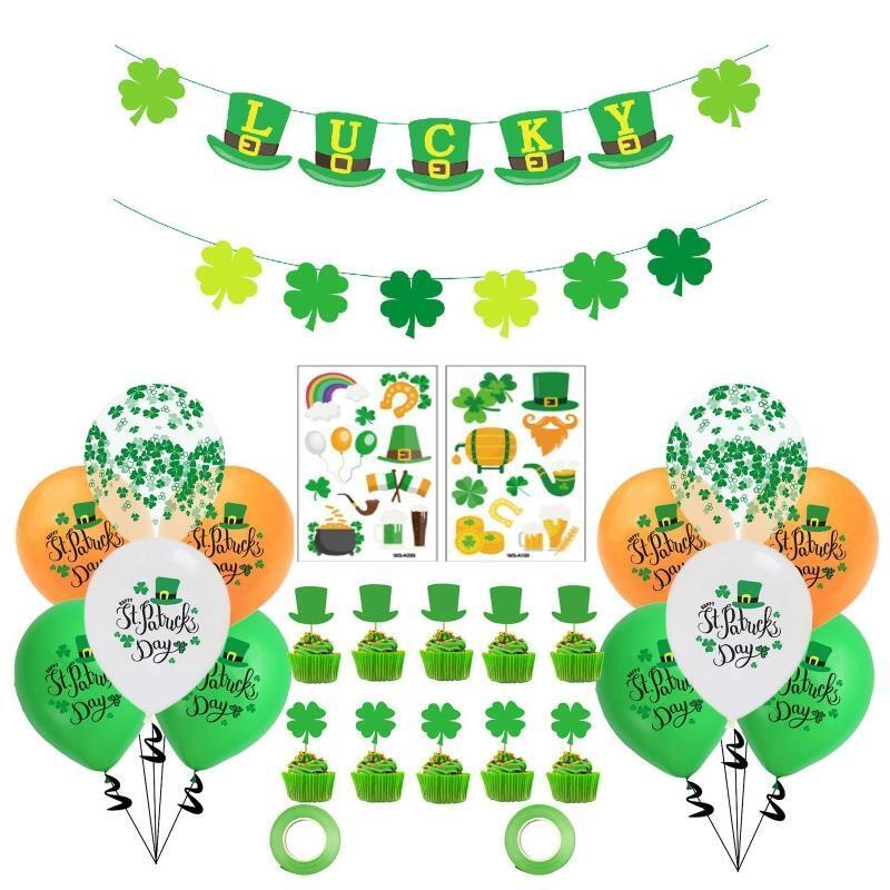 Saint Patricks Day Decors Shamrock Four Leaf Banner Flag Ballon Cake Toppers
