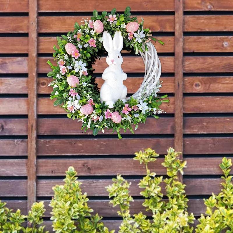 Easter Rabbit Bunny Wreath with Egg Flower Leaf Spring Garland Hanging Ornament