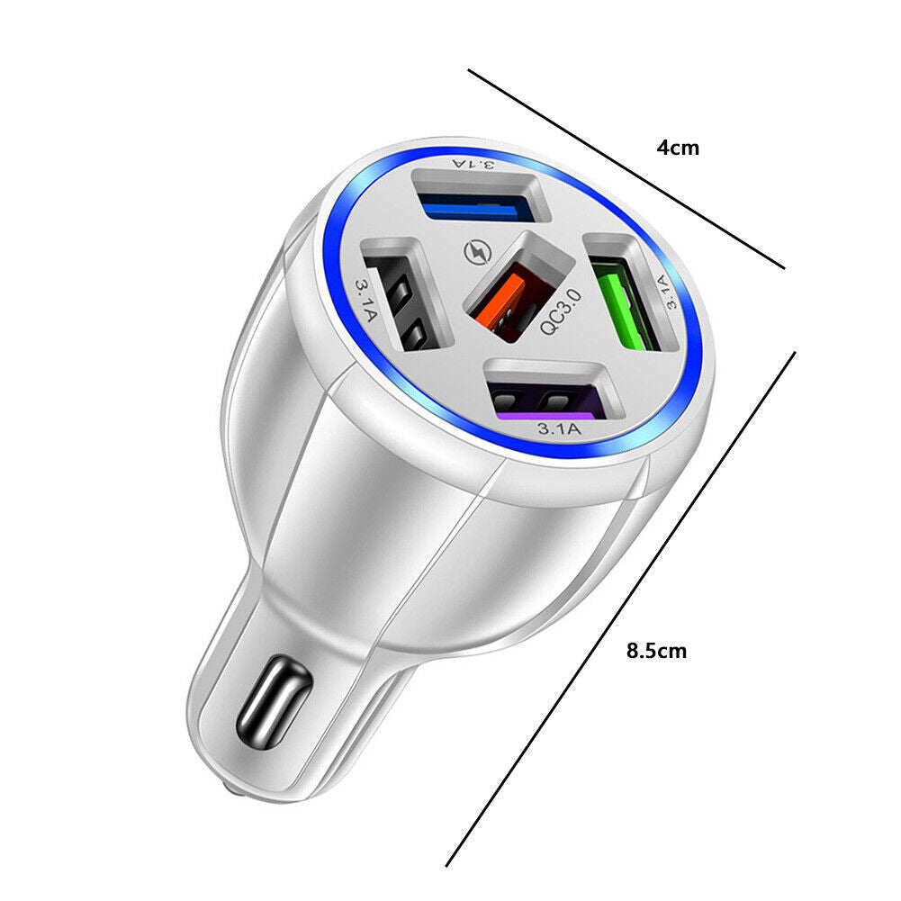 5USB QC3.0 Car Charger 3.1A Multi Ports Phone Fast Quick Charging (White)