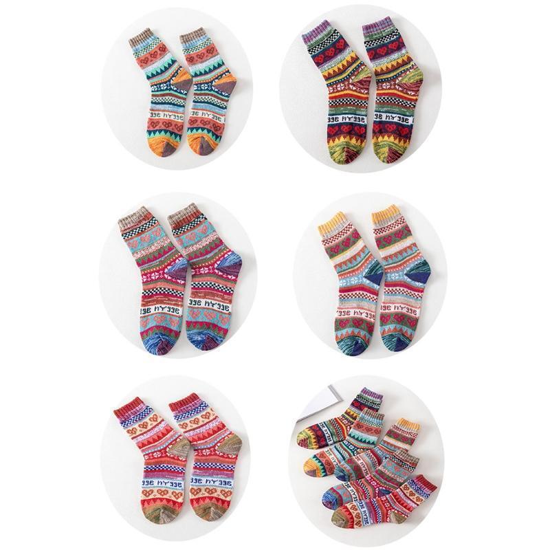 5 Pairs Women Warm Faux Wool Knit Socks Ethnic SMulticolor Heart Striped Hosiery