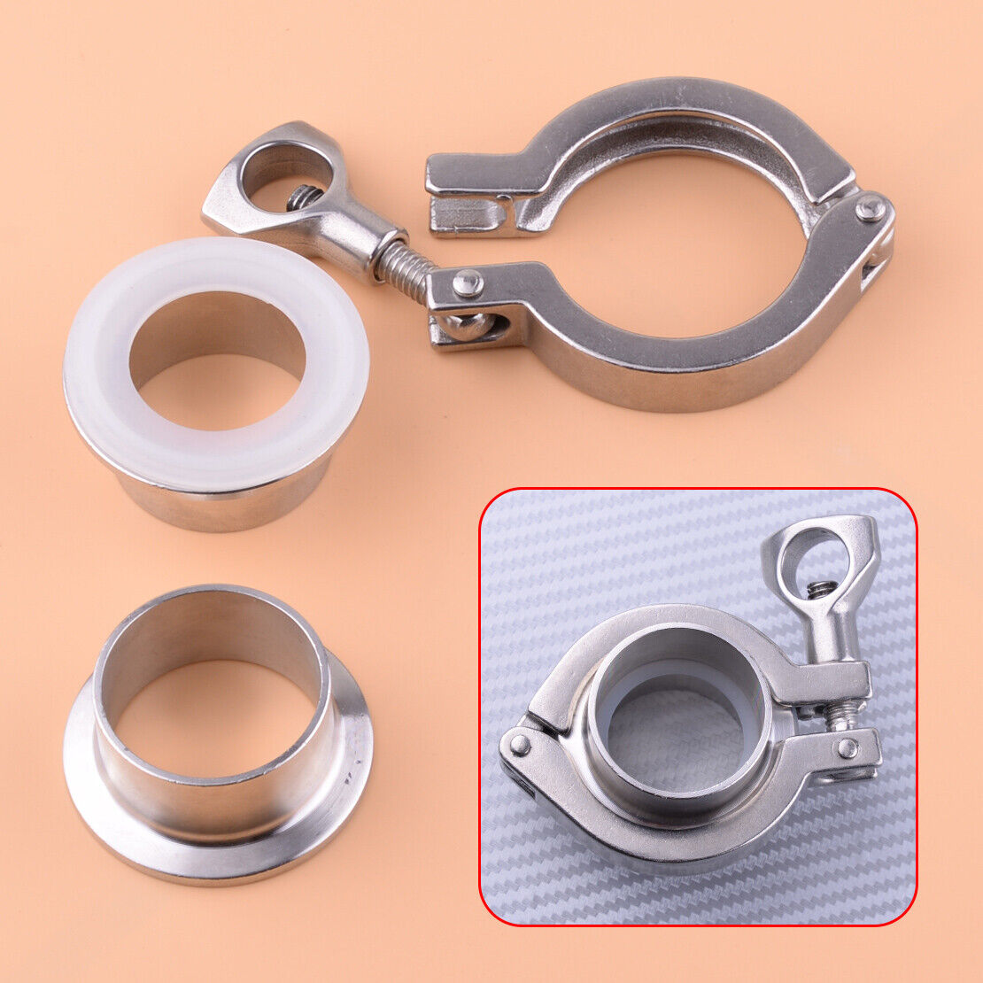 2x OD 38MM 1.5" Sanitary Weld Ferrule + 1Pc Tri Clamp + 1Pc PTFE Gasket SS316 Li