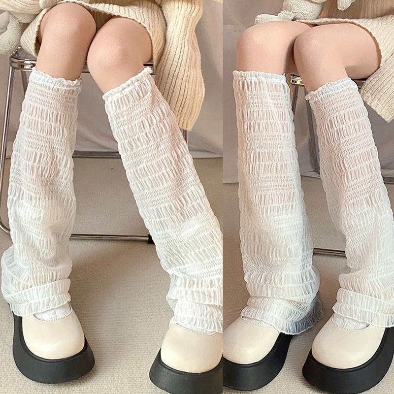 Women Lolita Summer Thin Leg Warmers Pleated Wavy Striped Baggy Foot Cover Socks