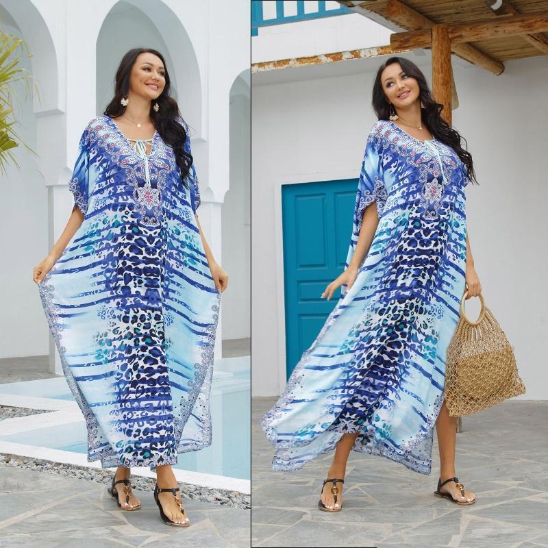 Women Leopard Striped Print Beach Maxi Dress Cover Up Lace-Up V-Neck Kaftan Robe