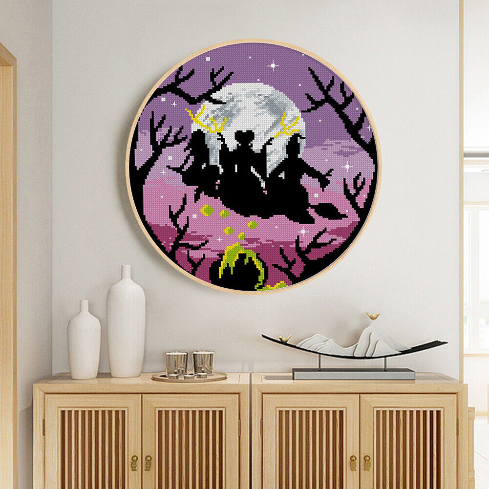 Partial Cross Stitch Witch Moon DIY Embroidery Cotton Thread Home Pictures