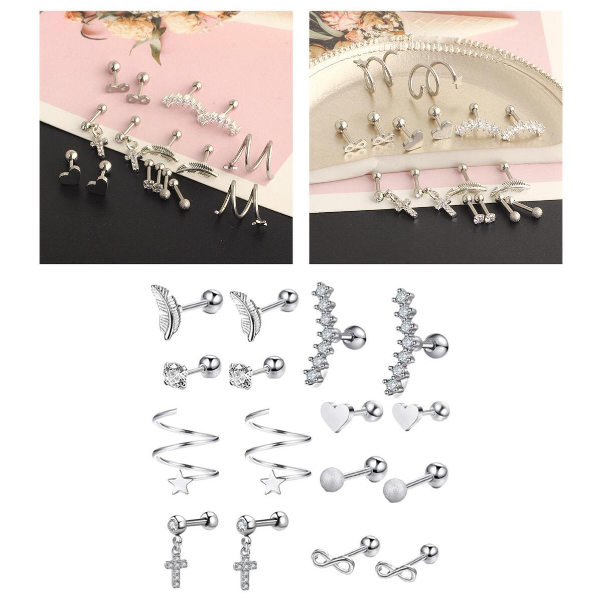16 Pieces Stainless Steel Earrings Set for Women Men Earring Hoops Feather