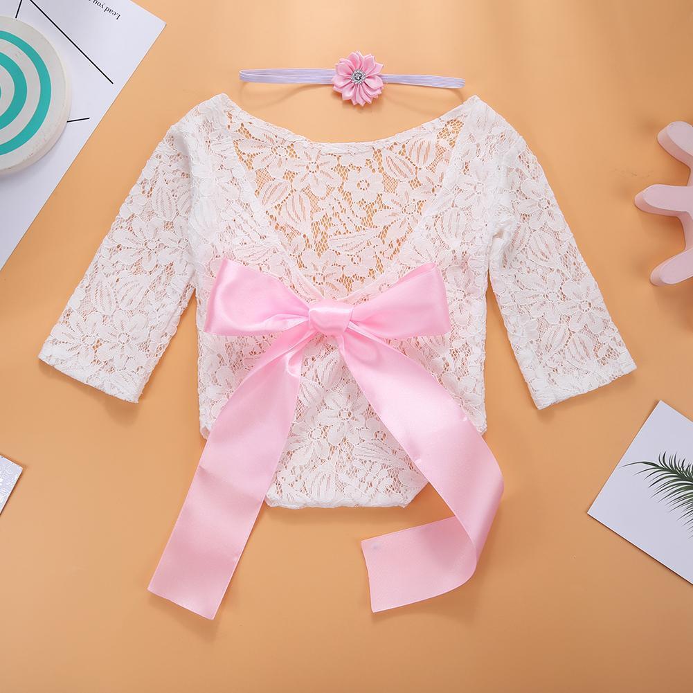 2pcs Newborn Shoot Photography Props Girls Lace Rompers Headband (Pink)