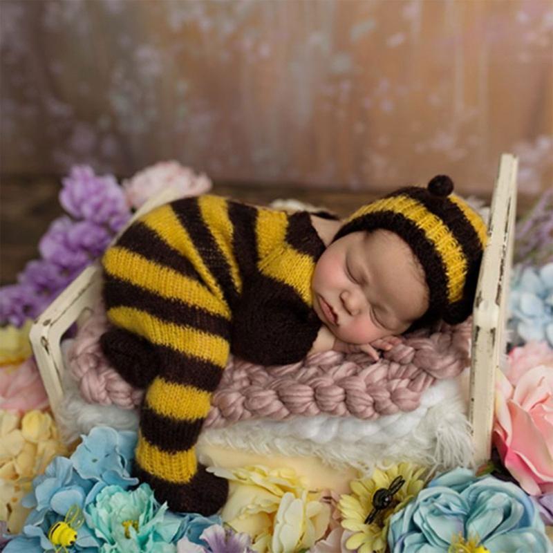 2Pcs Newborn Photography Props Bee Outfit Baby Romper Hat Set Infants Photo Prop