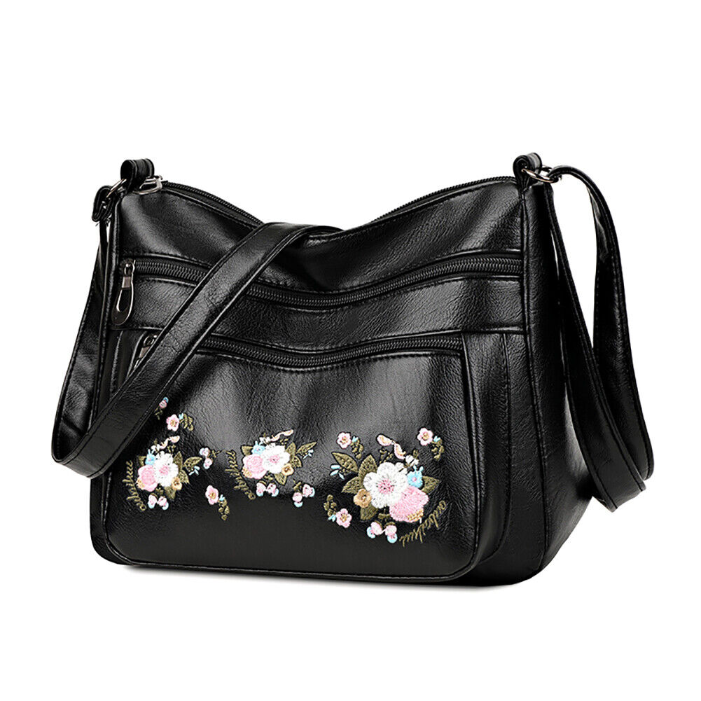 Women Embroidery Flower Crossbody Bag Zipper Multi-layer Bag (Black)