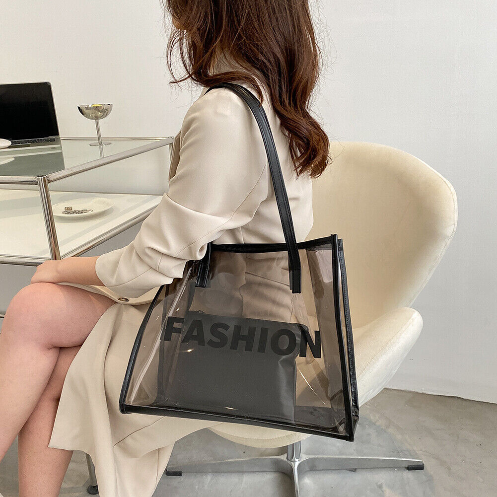 Summer Clear PVC Handbags Women Beach Travel Transparent Tote Bags (Black)