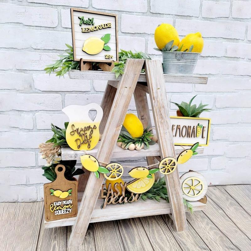 Wood Lemon Style Tiered Tray Decor 7pcs/set Mini Rustic Farmhouse Decoration