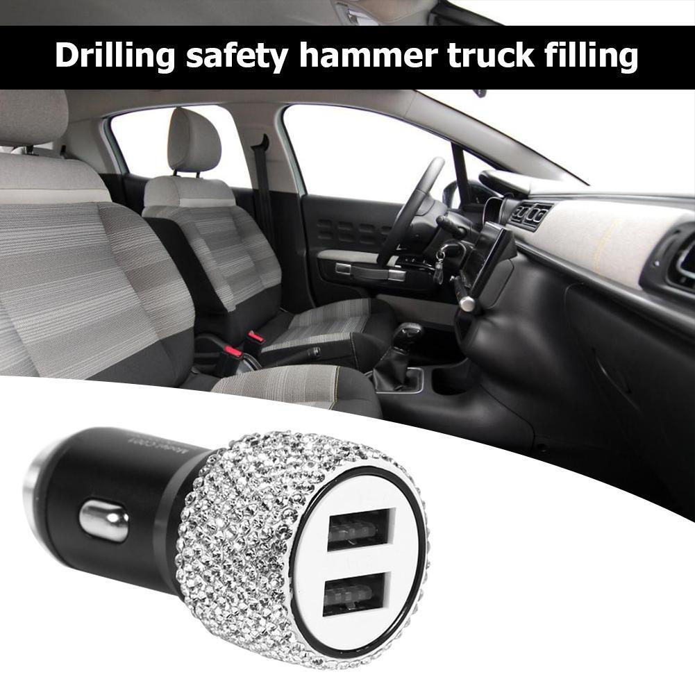 Dual USB Port Fast Charging Car Charger Safety Hammer Diamond Style (White)
