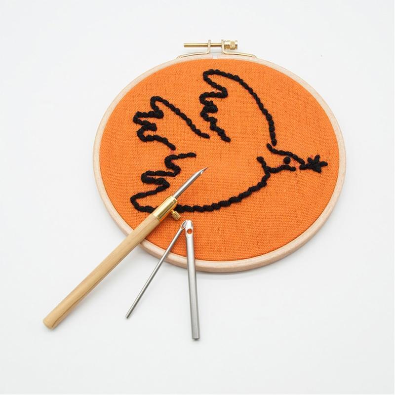 Wooden Handle Punch Poke Needles Embroidery Pen Wire Guide Sewing Weaving Tools