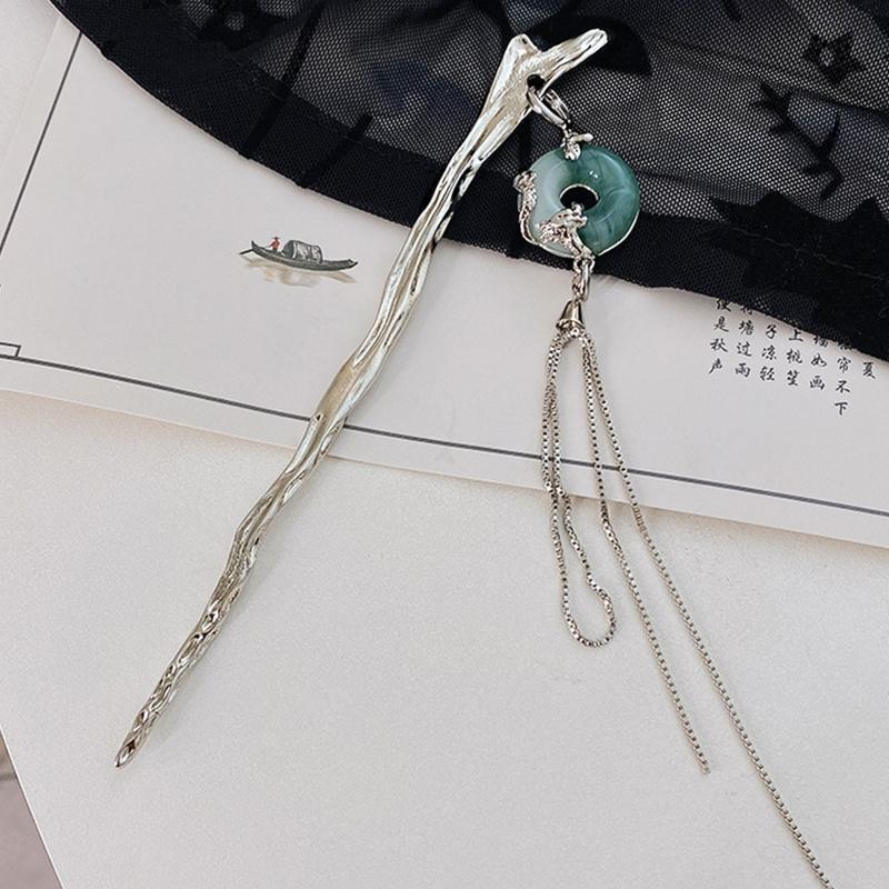 Tassel Hairpins For Updos Chinese Hair Sticks With Chain Jade ring Headwear