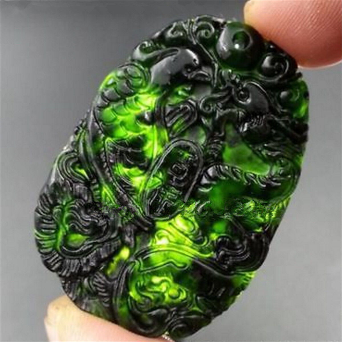 Natural Chinese Black Green Jade Dragon Phoenix Necklace Pendant Lucky Amulet