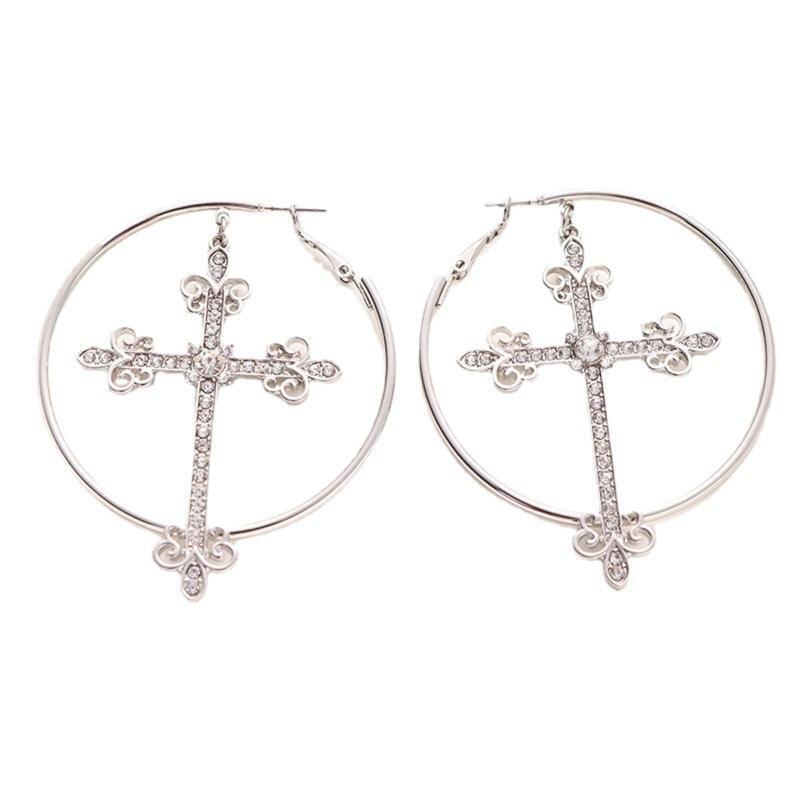 European American Metal Geometric Cross Circle Earrings Net Celebrity Jewelry