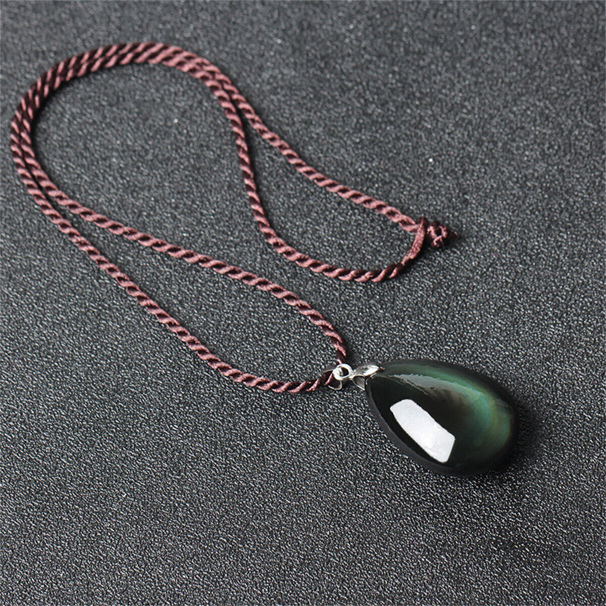 Natural Rainbow Obsidian Hand-Carved Teardrop Necklace Pendant Black Beads Gift