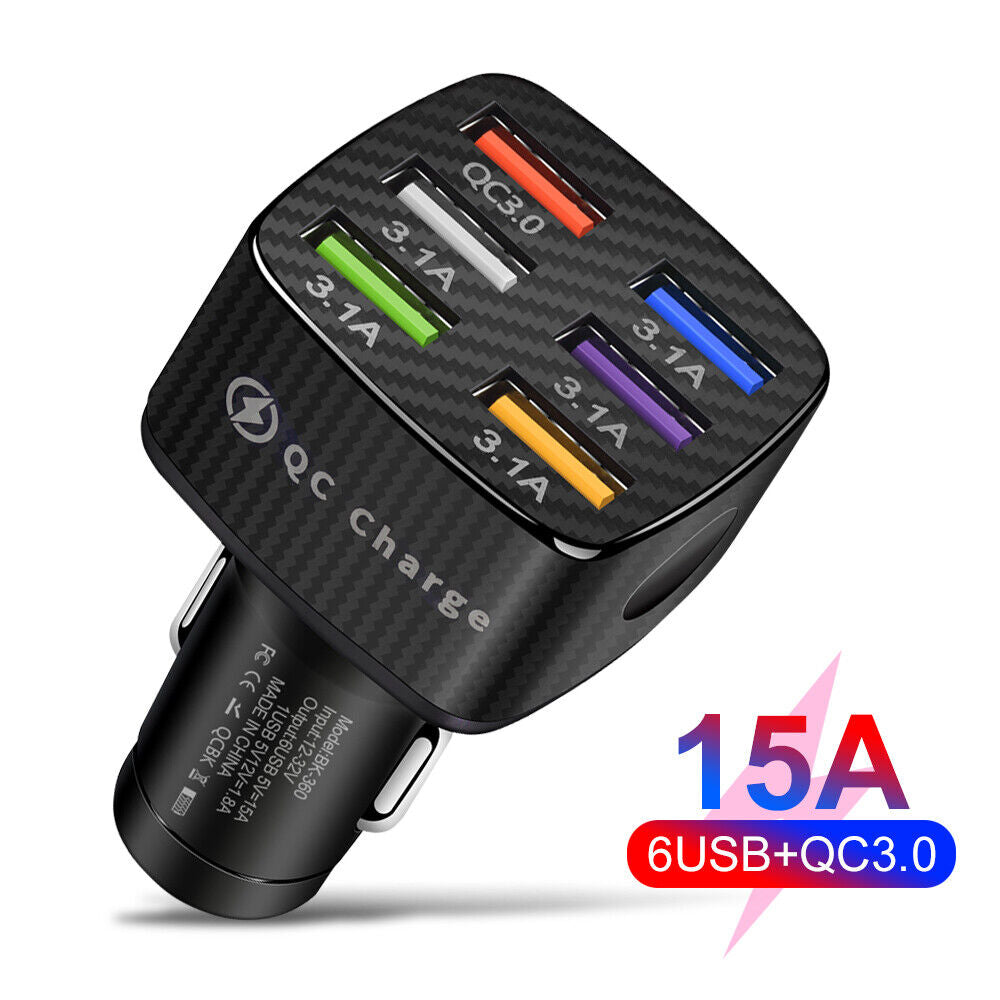 15A 6 Ports USB Car Charger QC3.0 Fast Charging Cell Phone Adapter (Black)