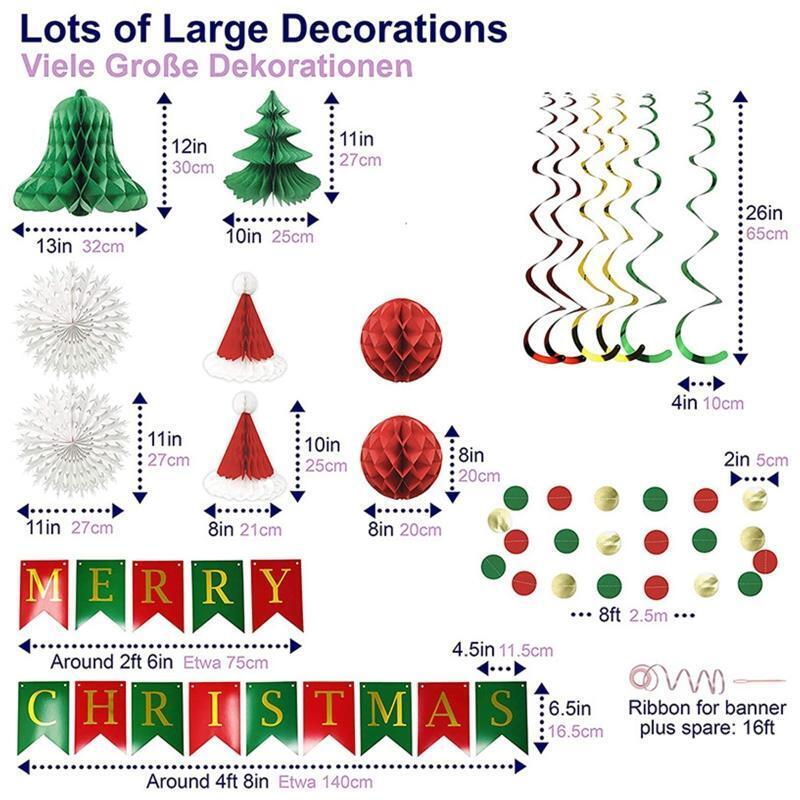 Xmas Party Backdrop Paper Fan +Banner Set Hanging Ornaments for Christmas Party