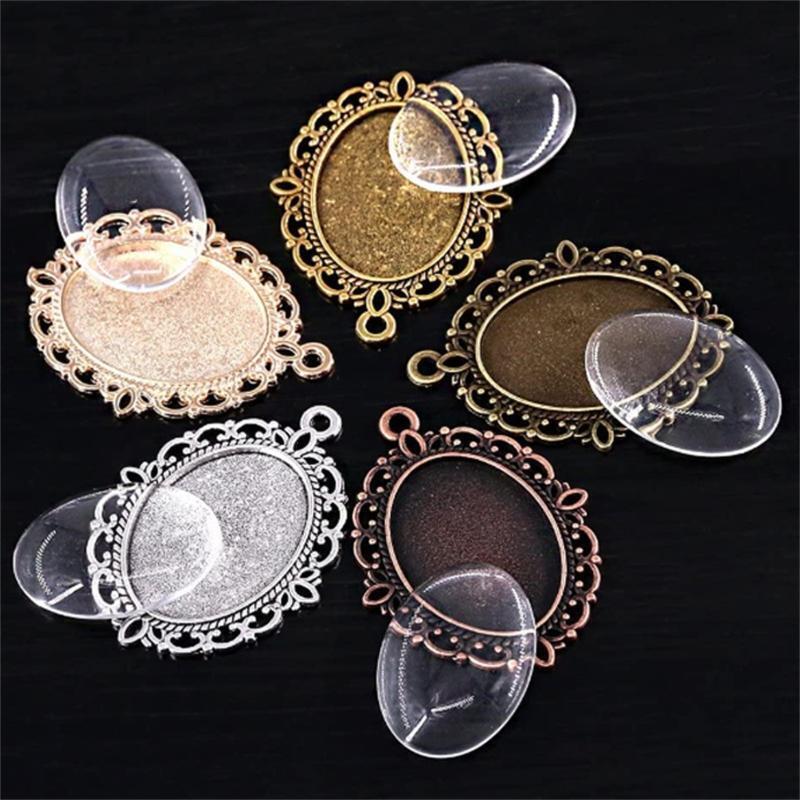 60 Pcs Pendant Trays Kit Metal Flat Pendant Blank Trays Bezel Oval Cabochon Base