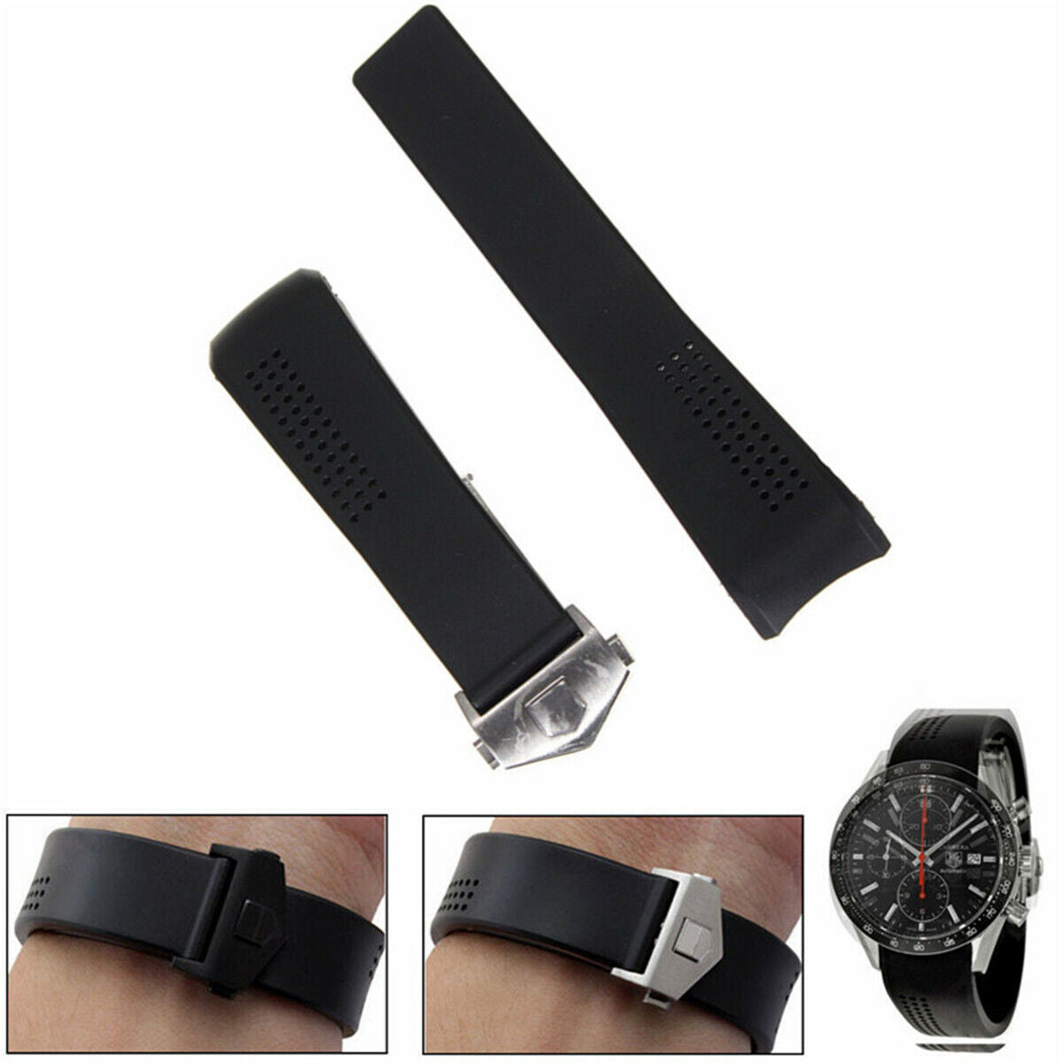 22mm Black Rubber Band Strap For 41mm TagHeuer Carrera CV2014 With Buckle