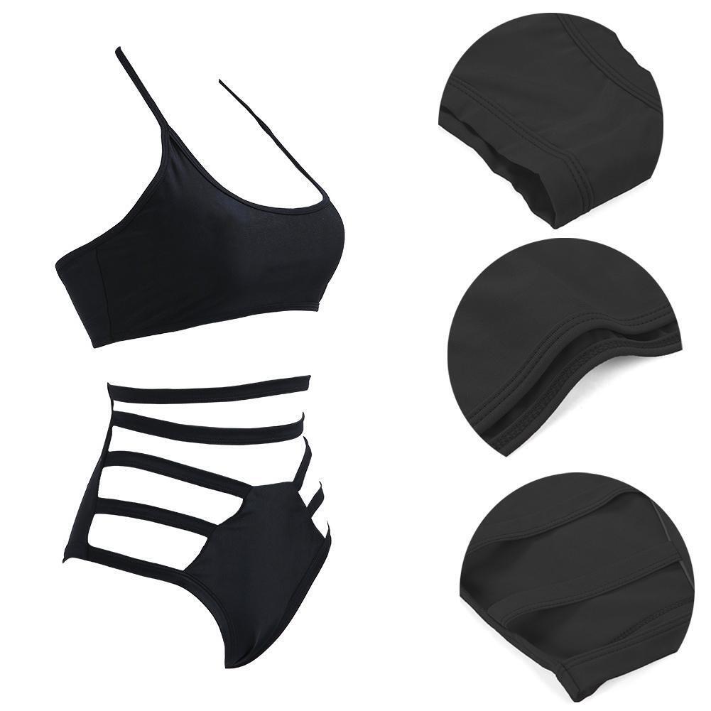 Women Solid Bandage Halter Two-Piece Swimwear Padded Bikini Set(Black)(XL)