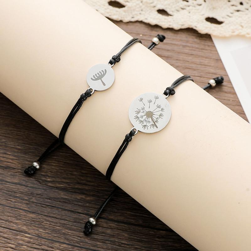 2Pcs Stainless Steel Dandelion Bracelets Set Adjustable Mother Daughter Bracelet